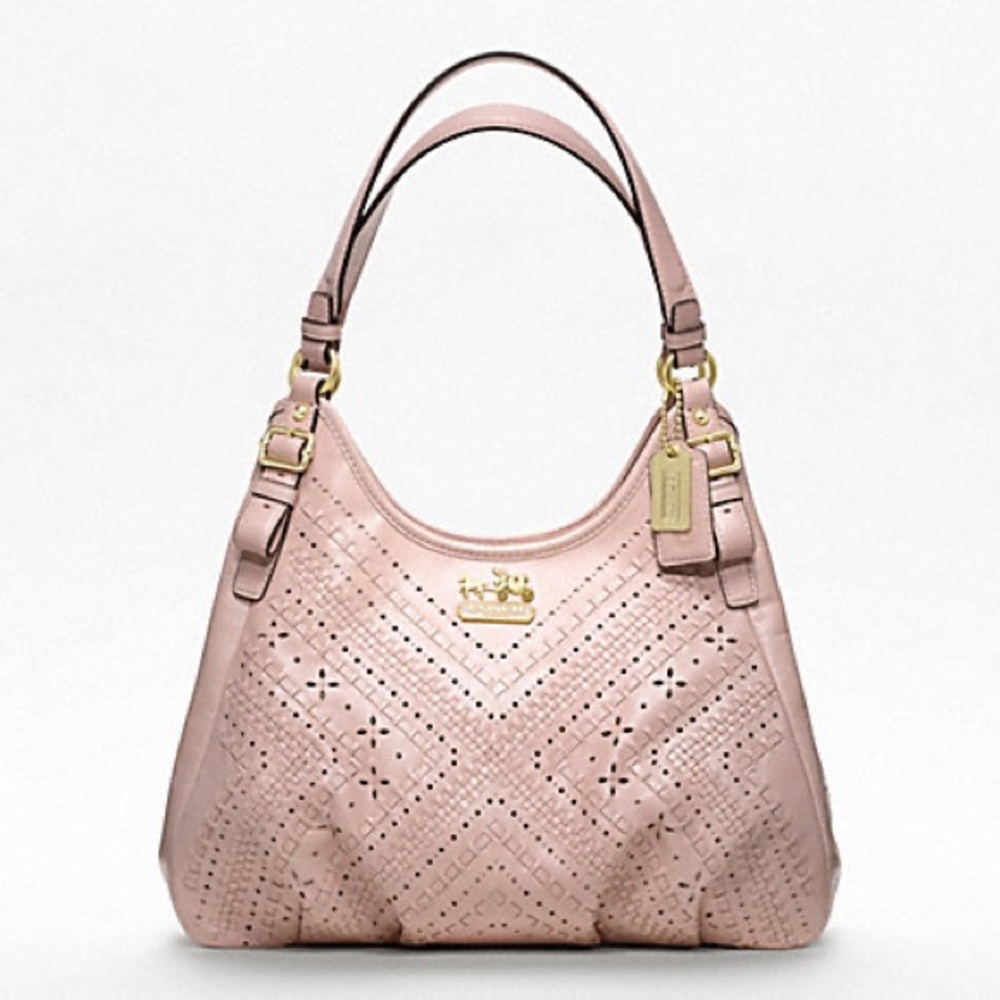 Coach MADISON MAGGIE SHOULDER BAG IN CRISS CROSS LEATHER (19839) BRASS/BLUSH